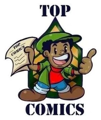 The top comics logo with a boy holding up a newspaper.
