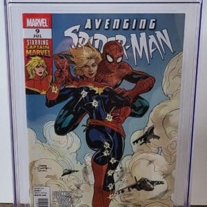A comic book cover with an image of spider man.