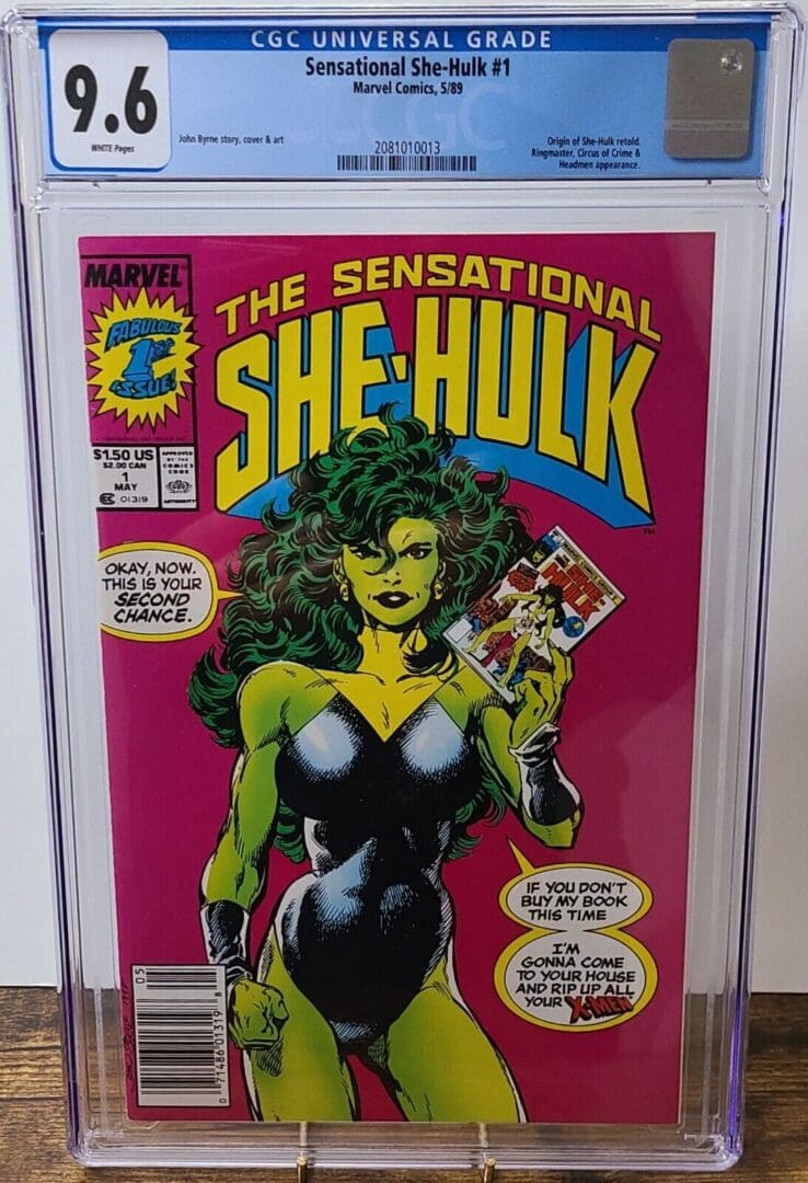 A comic book cover of the sensational she-hulk.