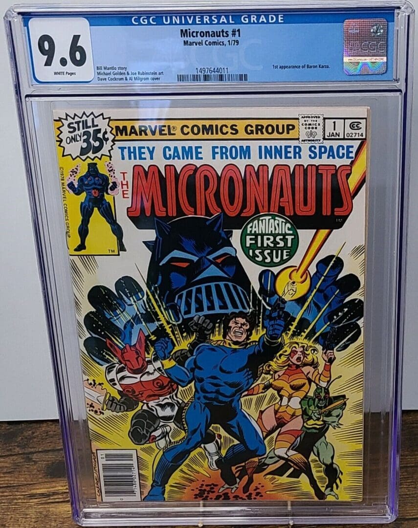 A comic book is on display in front of other comics.