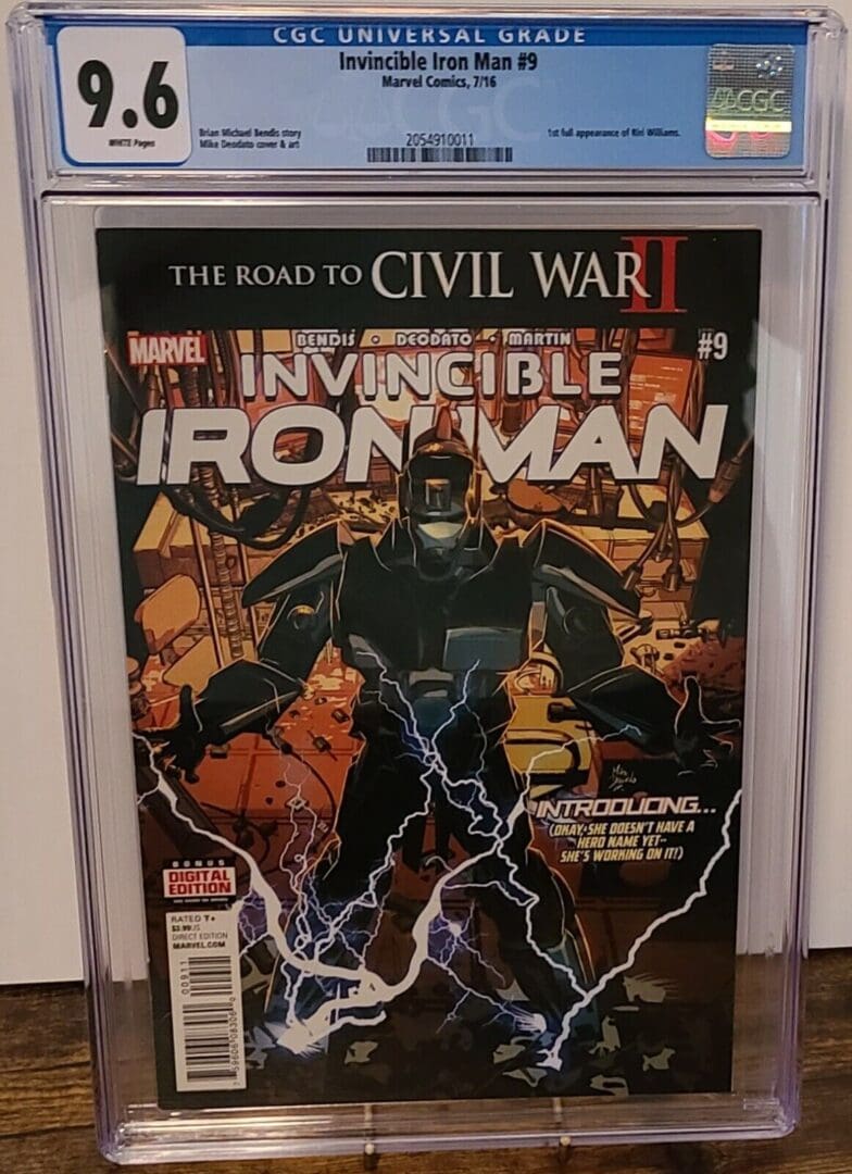 A comic book is displayed in a case.