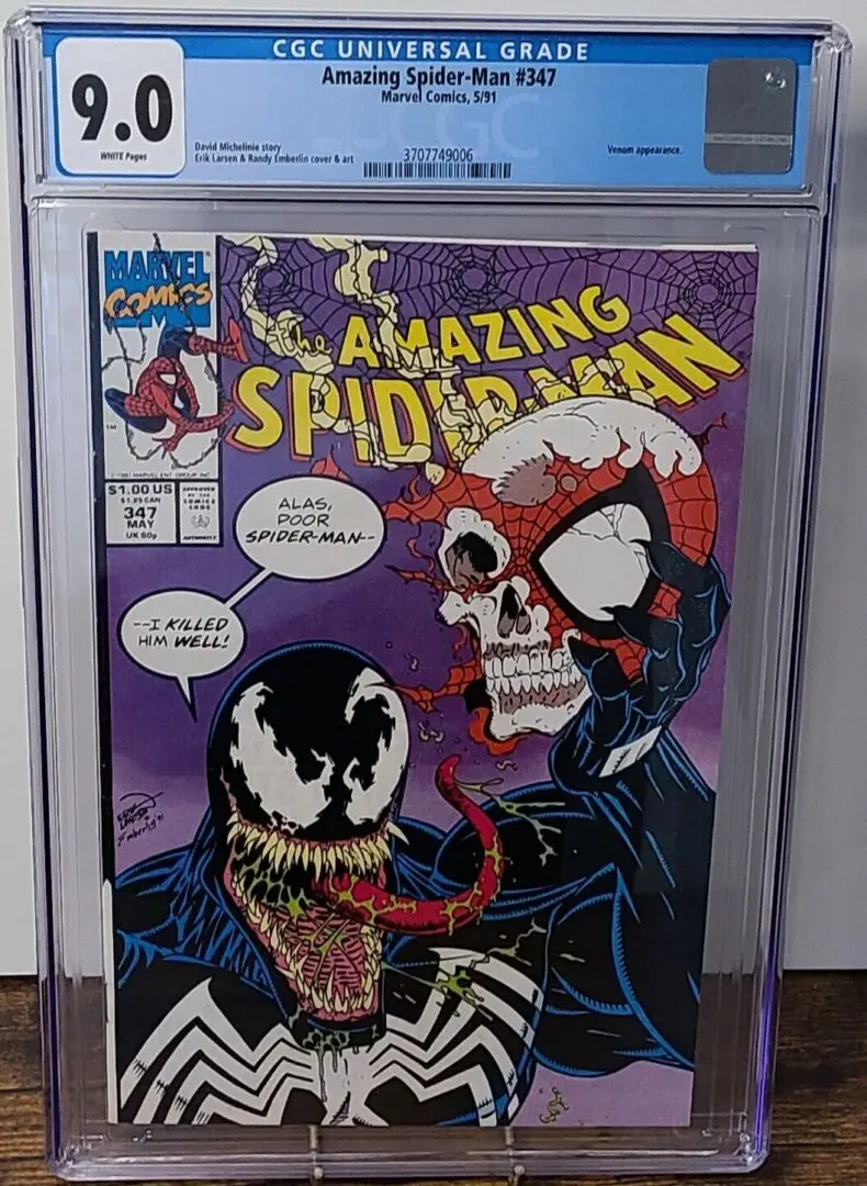 A spider-man comic book is displayed on a table.