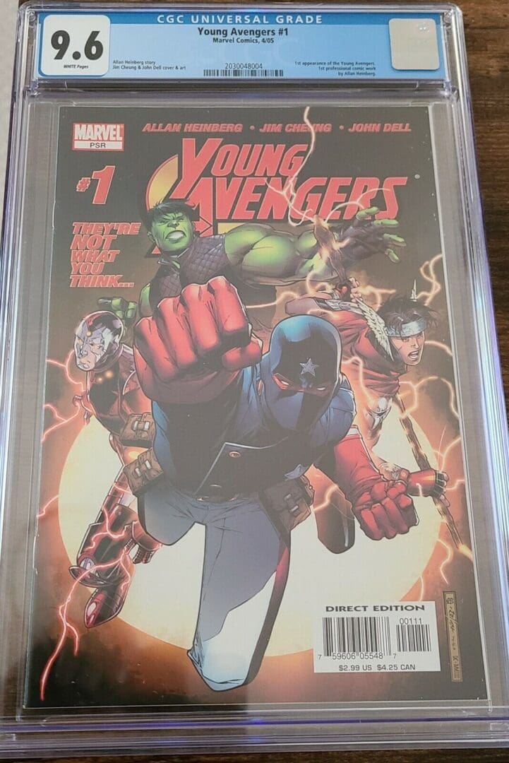 A young avengers comic book is on display.