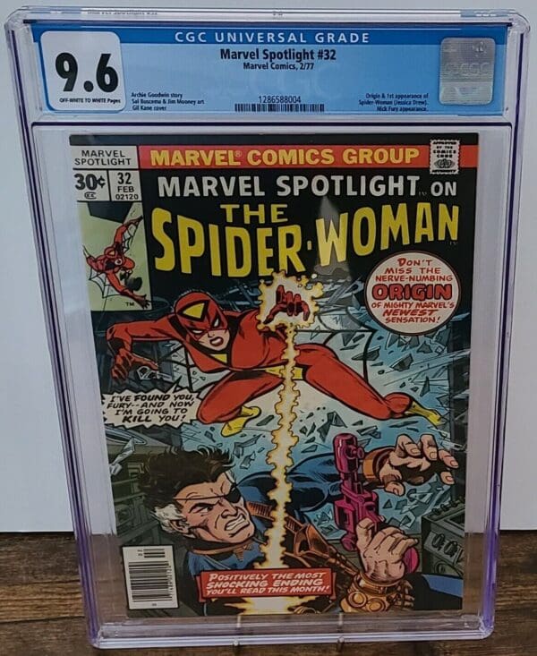 A comic book cover of spider woman.