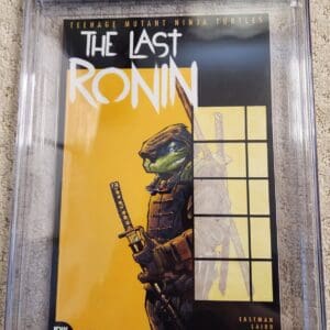 A comic book cover with a picture of a ninja turtle holding a sword.