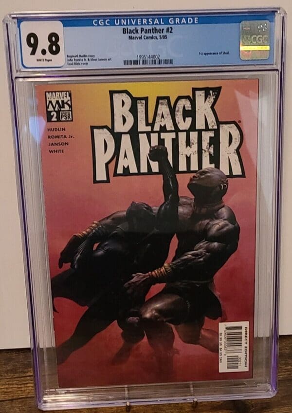 A black panther comic book is hanging up.