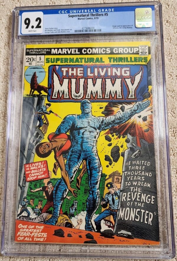 A comic book cover with an image of the living mummy.