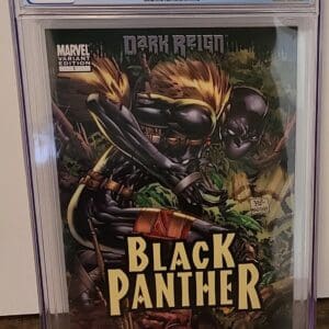 A black panther comic book is sitting in a case.
