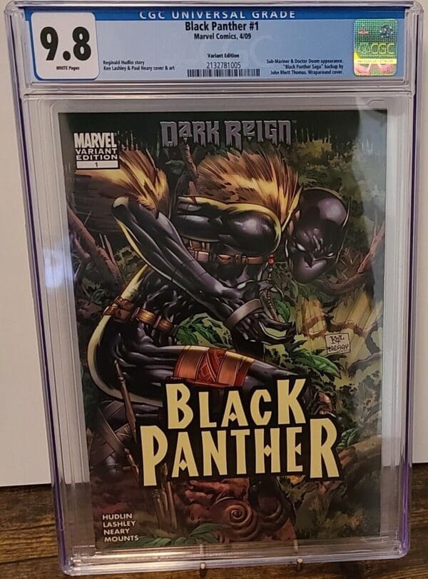 A black panther comic book is sitting in a case.