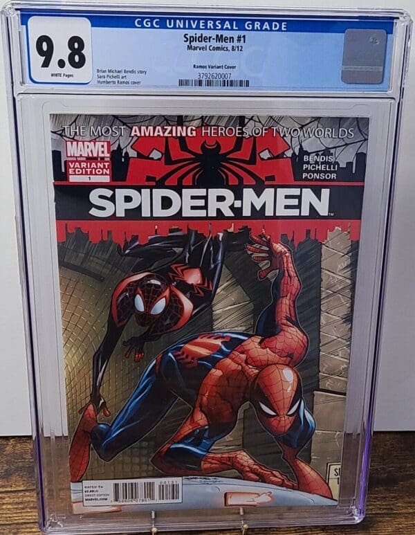 A comic book is displayed in a case.