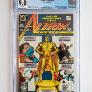 A comic book is displayed on the cover of action comics.