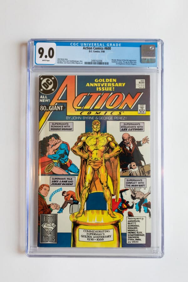 A comic book is displayed on the cover of action comics.