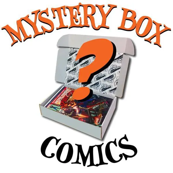 A box of comics with an orange question mark on it.